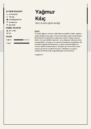 Okul Öncesi Öğretmeni Öğretmenliği Cv Örnekleri cv indir